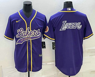 Men%27s Los Angeles Lakers Purple Big Logo Cool Base Stitched Baseball Jersey
